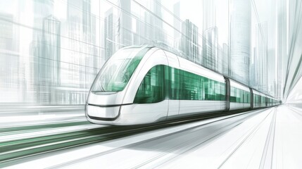 Fototapeta premium Modern High-Speed Train in Urban Landscape with Futuristic Design