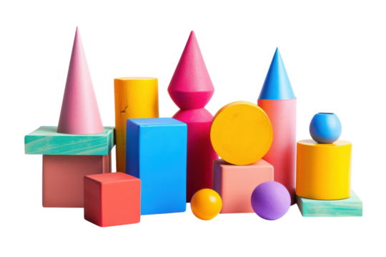 Colorful geometric shapes arranged artistically for creative play and learning experiences isolated on transparent background