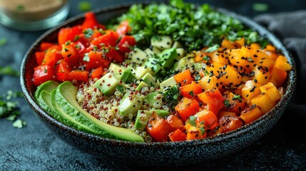 Vibrant Vegan Buddha Bowl Featuring Quinoa, Avocado, Roasted Vegetables, and Fresh Herbs for Healthy Eating