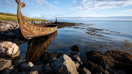 Obraz premium Ornate Viking Longboat on Shoreline, Calm Water, Coastal Scenery