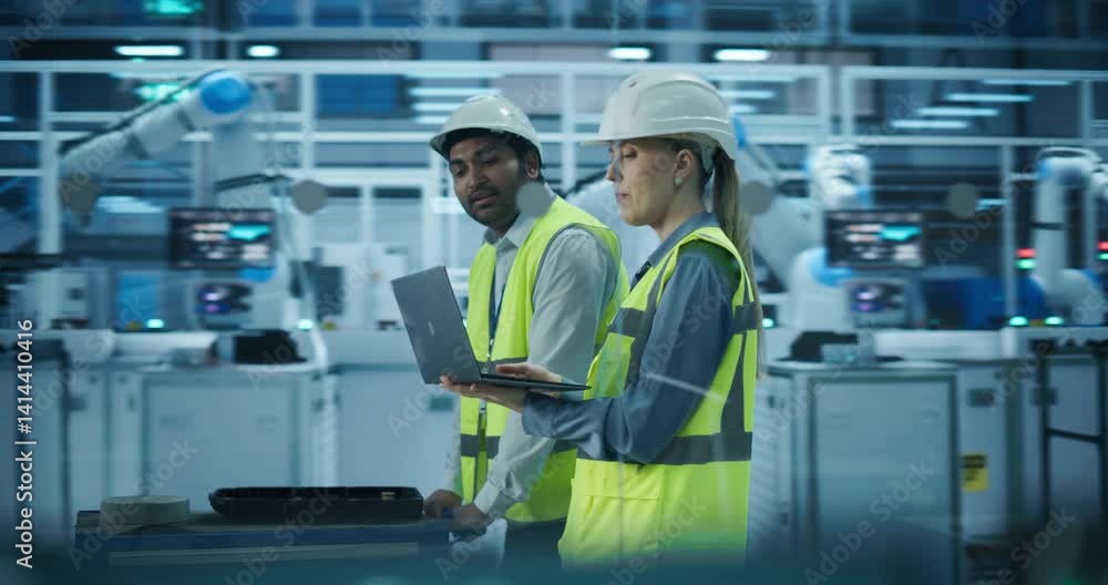 Poster Two Engineers in High Visibility Vests, Indian Male and a Caucasian Female, Walking and Using a Laptop Computer to Optimize Robotic Systems in a Modern Factory, Analyzing Productivity and Automation