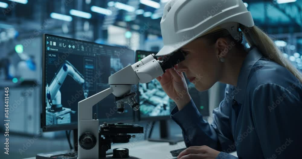 Poster Female Technician in a Hard Hat Working in a Modern Product Development Factory, Using a Microscope and Industrial Computer Software, Inspecting Electronics Products Made with Robotic Arms