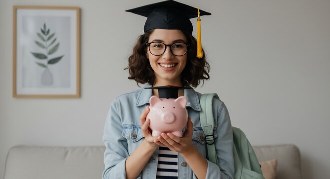 Happy young female graduate student holding a piggy bank, saving for future education expenses