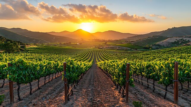Vast vineyard at sunset, rows of vines extend to a golden horizon
