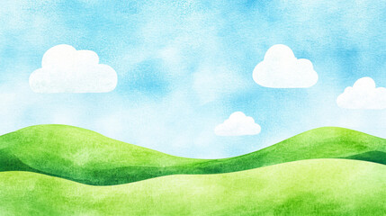 Obraz premium Colorful watercolor landscape depicting green fields and playful clouds for children's illustration
