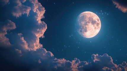 Fototapeta premium Serene Night: Full Moon Illuminates Starry Sky