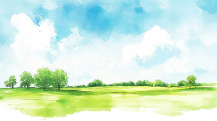 Fototapeta premium Quiet summer field with trees and blue skies in a watercolor sketch