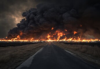 Dramatic Wildfire Flames Erupting Behind Dark Smoke Clouds