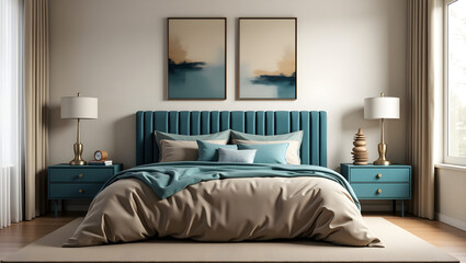 interior of a bedroom, abstract background, Teal Slatted Headboard in Cozy Bedroom
