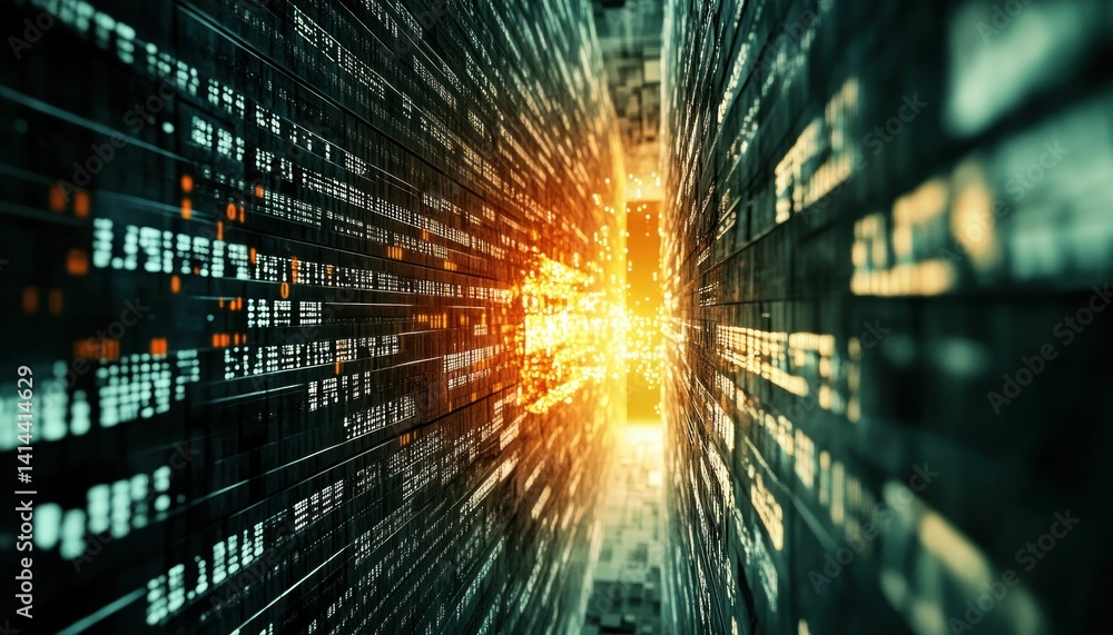 Poster futuristic data stream tunnel with glowing center, representing technological advancement
