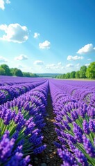 Fototapeta premium Lavender field, blue sky, gentle breeze, spring , meadow, flowers