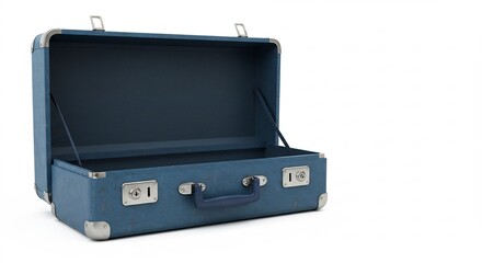 Vintage Blue Suitcase Open Empty on White Background, Retro Travel Luggage, 3D Render