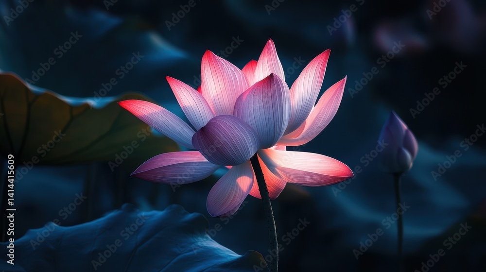 Poster generative ai image of beautiful lotus gracefully poised on dark backdrop.