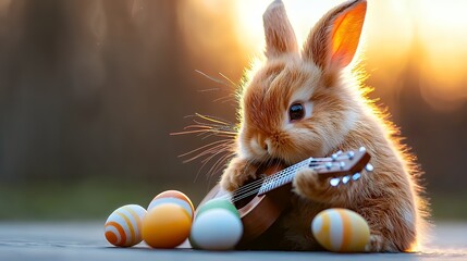 Adorable bunny playing ukulele at easter sunset