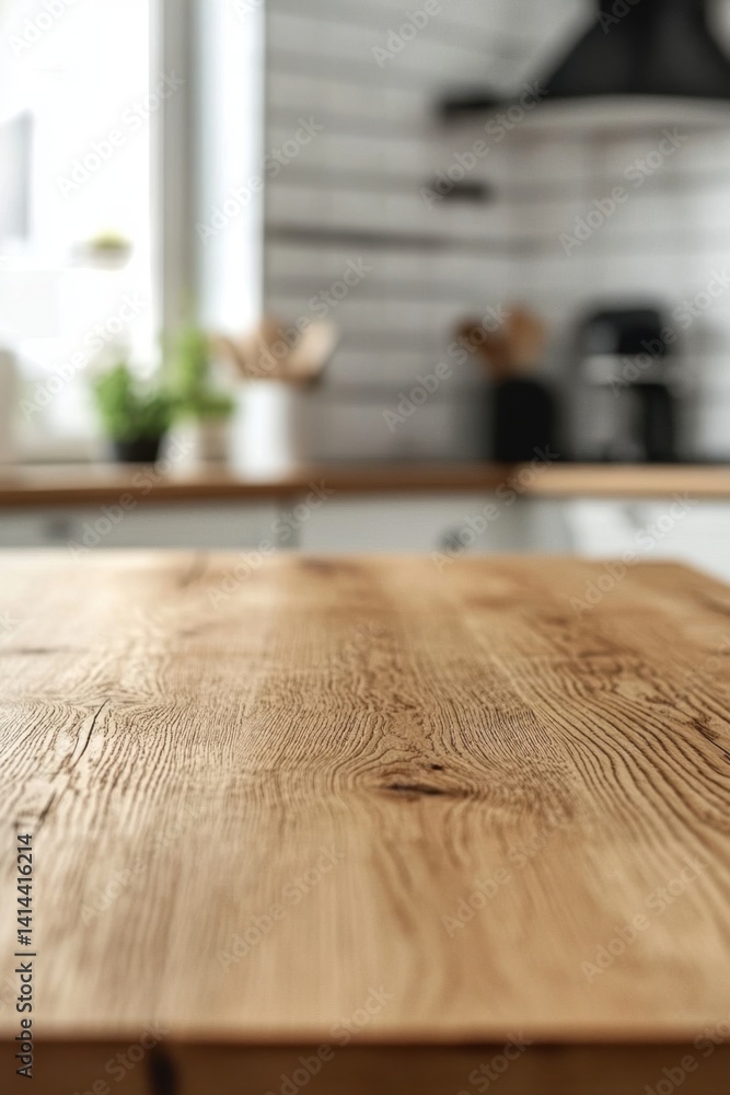 Poster rustic wooden tabletop in a bright kitchen with blurred background and natural light creating a warm
