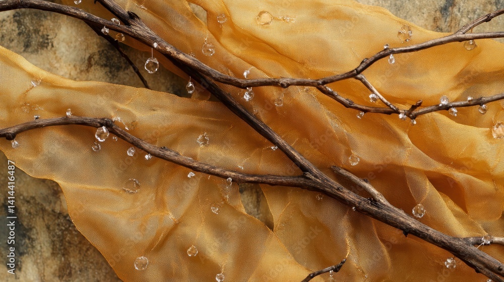 Poster abstract image featuring a branch with water droplets on a textured background.