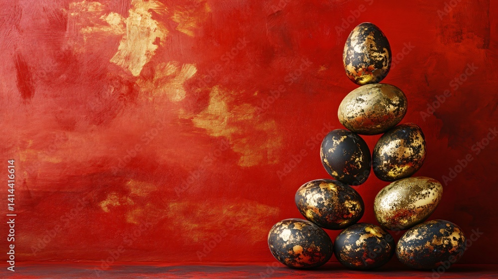 Poster elegant stack of decorative easter eggs set against bold orange background made with generative ai t