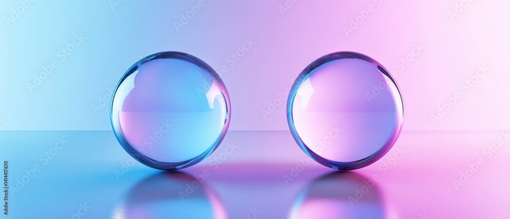 Poster two transparent crystal balls reflecting vibrant neon colors, creating a futuristic and modern abstr