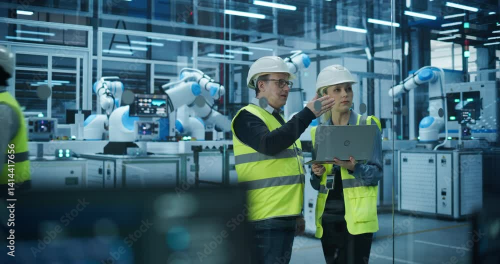 Poster portrait of a male technician and female businesswoman in a factory, talking, using laptop computer 