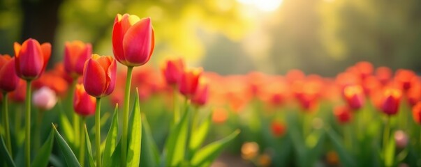 Fototapeta premium Blossoming tulips, vibrant carrots, gentle breeze, organic, petals