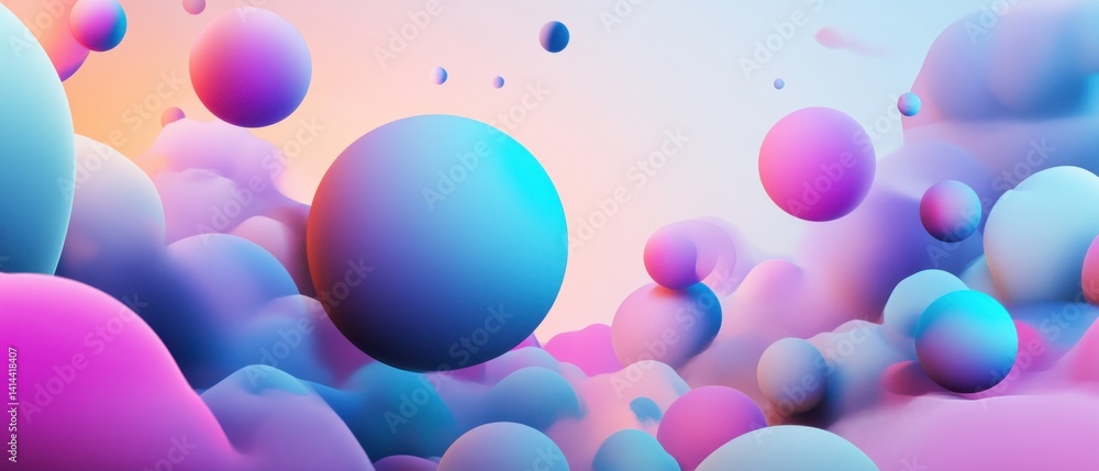 Poster abstract pastel gradient background with 3d spheres and clouds, creating a dreamy and surreal atmosp