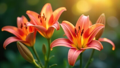 Fototapeta premium Close-up, richly colored lilies, soft morning light , petal, macro, flora