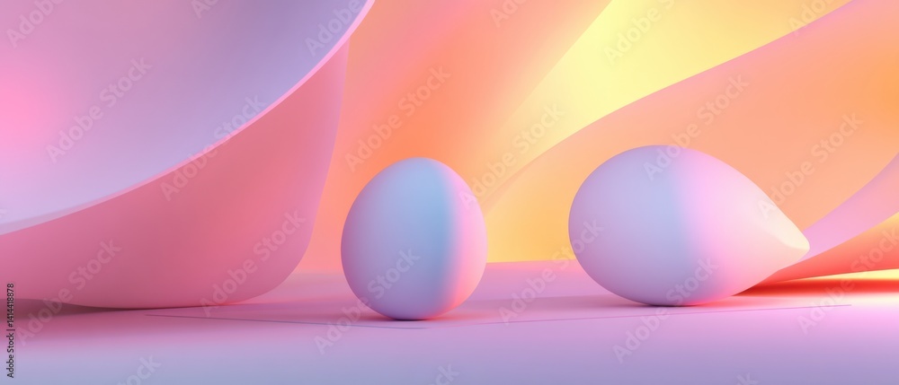 Poster abstract pastel background with geometric shapes and spheres in soft light, creating a modern and mi