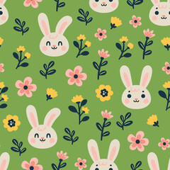 An endearing seamless pattern showing cute bunnies and dainty flowers, perfect for easter or spring themed projects. Its colorful and cheerful nature bring joyful celebration.