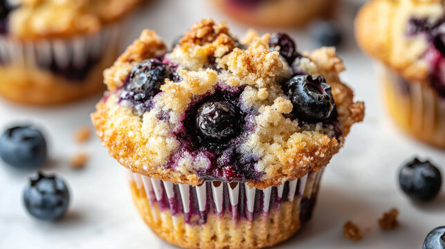 Close-up of a fluffy blueberry muffin with a golden top, bursting with berries, and a crumble topping