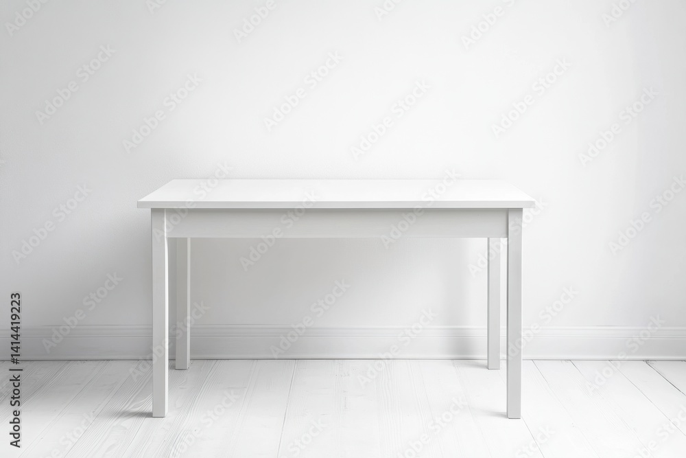 Poster minimalist white table against a pristine white wall creating a bright and clean interior space show