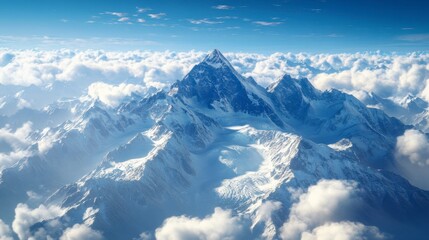 Fototapeta premium Majestic Snow-Capped Mountain Peak Above Fluffy Clouds in Sky
