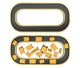 Set of Airport luggage conveyor belt or baggage claim area with suitcases on white background. 3d render of travel vacation concept.