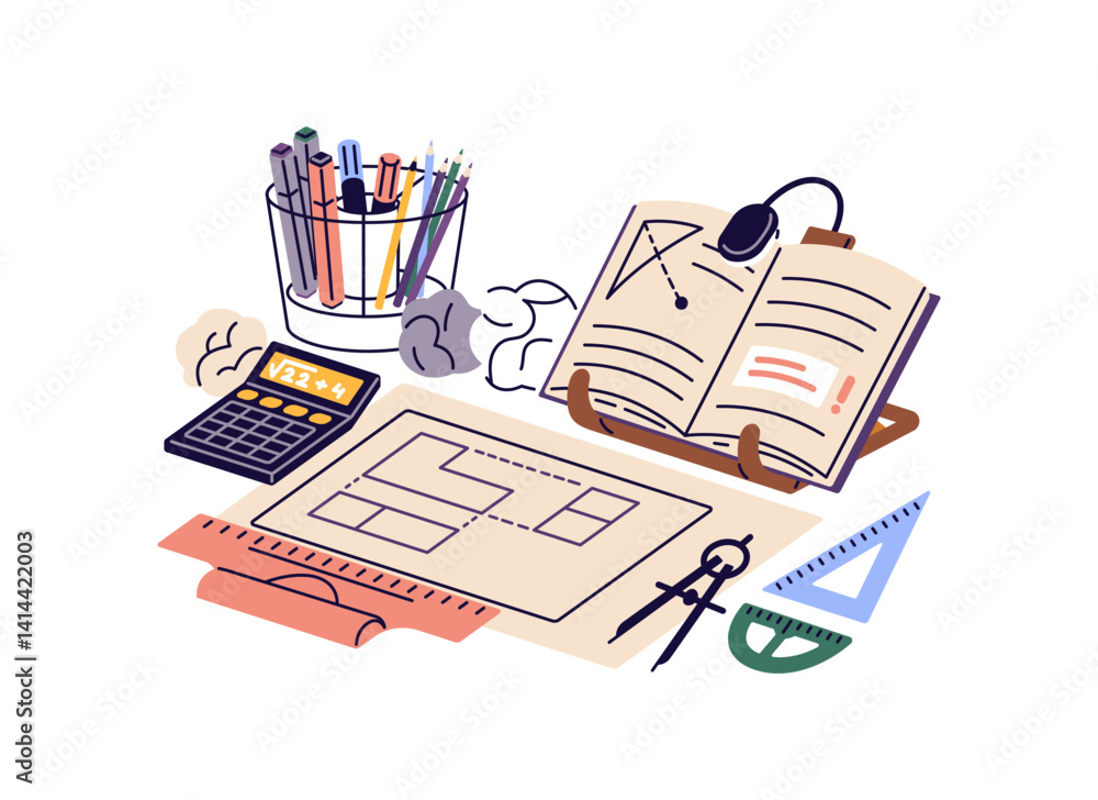 Poster composition with engineer drawing and open paper book on workplace. architecture draft, stationeries