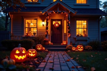 Spooky Halloween pumpkins & autumn decor illuminate house entrance at night , fall, creepy