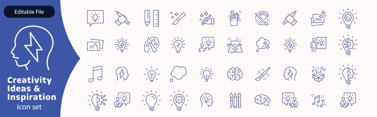 Creativity thin line icons set. Idea, creative solution and thinking, innovation icon. Editable stroke. Vector illustration