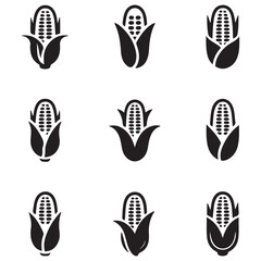 corn icon. Vector Black silhouettes illustration isolated on white background. Concept for organic products label, harvest and farming, grain, bakery, healthy food.