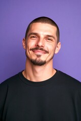 Fototapeta premium Classy men's buzz cut haircut - midlife white man with black hair. Purple solid background. A happy man in a studio photo. Concept art creative picture of style for aging men.