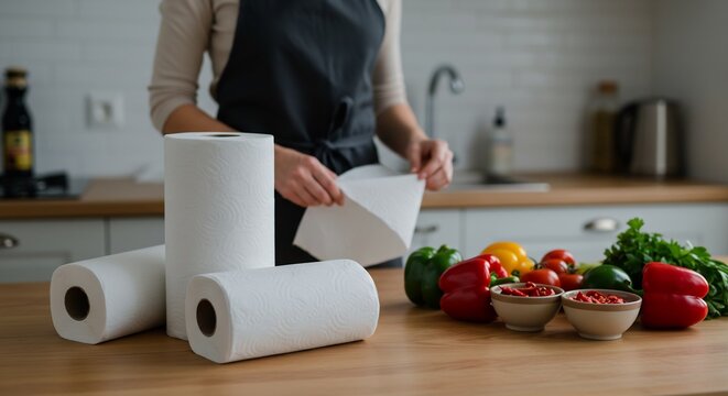 Woman in Kitchen Preparing Food with Paper Towels and Fresh Vegetables