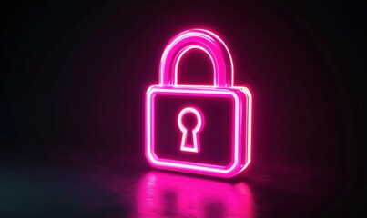 Neon pink padlock icon glowing in dark background representing security and protection