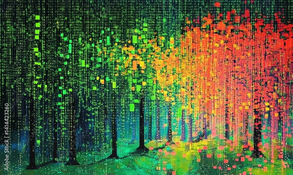 Poster digital forest with binary code and vibrant autumn colors in abstract art style