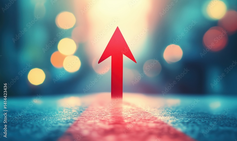 Poster red arrow pointing upwards on a blurred street background with bokeh lights