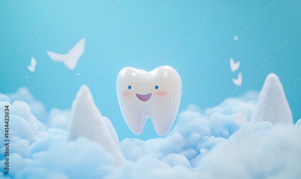 Poster happy cartoon tooth character floating in fluffy clouds with butterflies