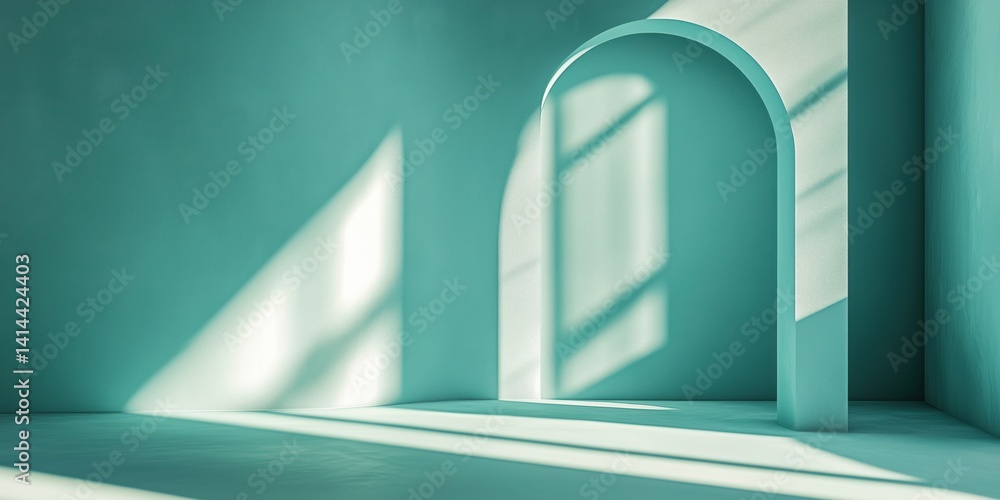 Poster minimalist interior with arch and soft shadows in turquoise color scheme