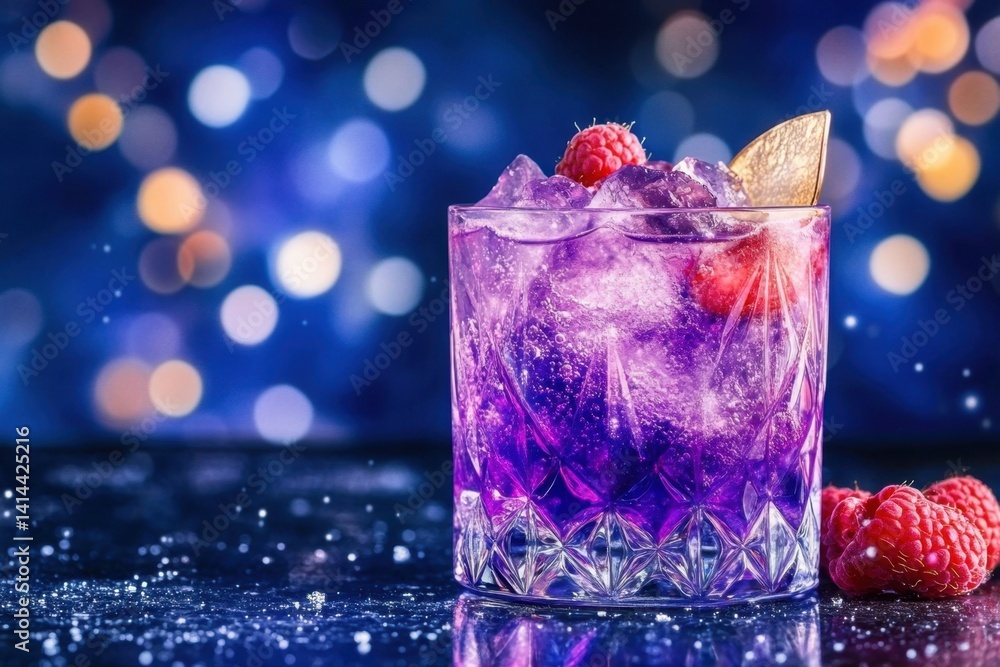 Poster refreshing summer cocktail with raspberry and ice cubes on a sparkling surface against a bokeh backg