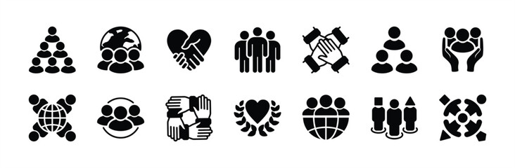 Diversity icon vector set. Containing community, people, group, friendship, culture, relationship, equality, teamwork, cooperation, collaboration, social, sociability, caring. Illustration