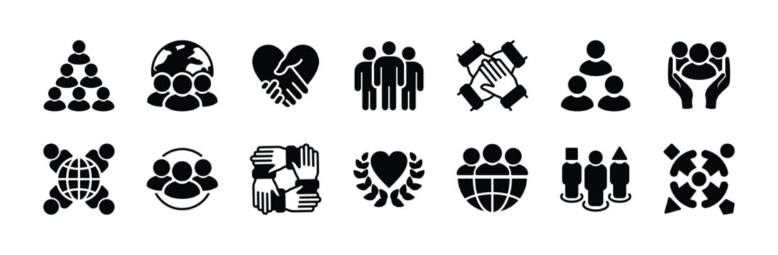 Diversity icon vector set. Containing community, people, group, friendship, culture, relationship, equality, teamwork, cooperation, collaboration, social, sociability, caring. Illustration