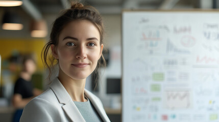 Fototapeta premium Female digital marketer standing in front of whiteboard full of digital strategy diagrams, wearing light blazer, Ai generated images