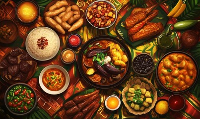 Fototapeta premium Vibrant assortment of traditional Caribbean dishes featuring rice, fish, and vegetables