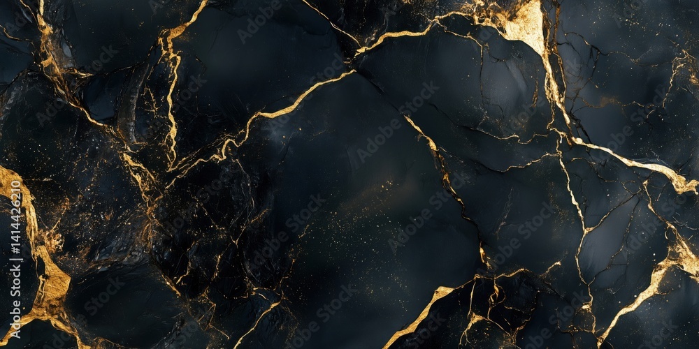 Poster black marble texture with golden veins and intricate patterns for elegant design