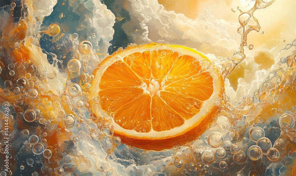 Poster vibrant orange slice surrounded by bubbles and clouds in a surreal setting